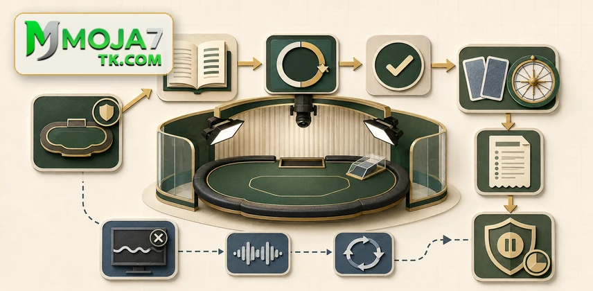 লাইভ ক্যাসিনো টেবিল, সময়সীমা, গ্রহণ, ফল, ভিডিও বিলম্ব ও রেকর্ড যাচাইয়ের ধারণামূলক মানচিত্র